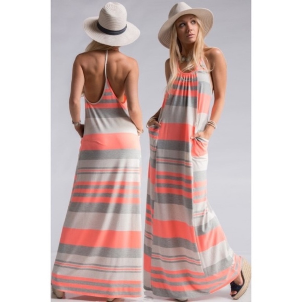 Coral 'Color Block' T-Strap Maxi Dress
